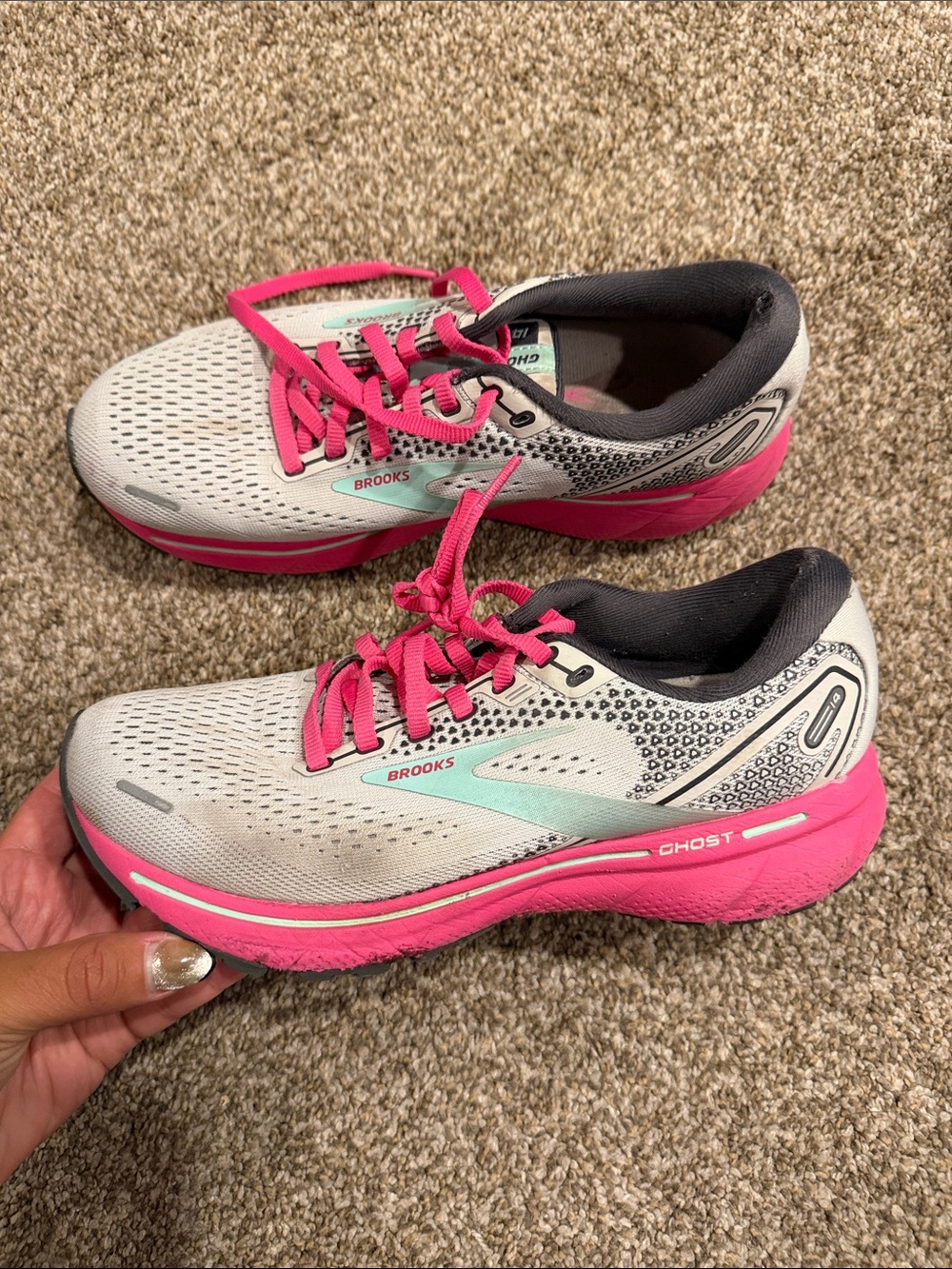 Brooks Ghost Running Sneakers in White and Pink